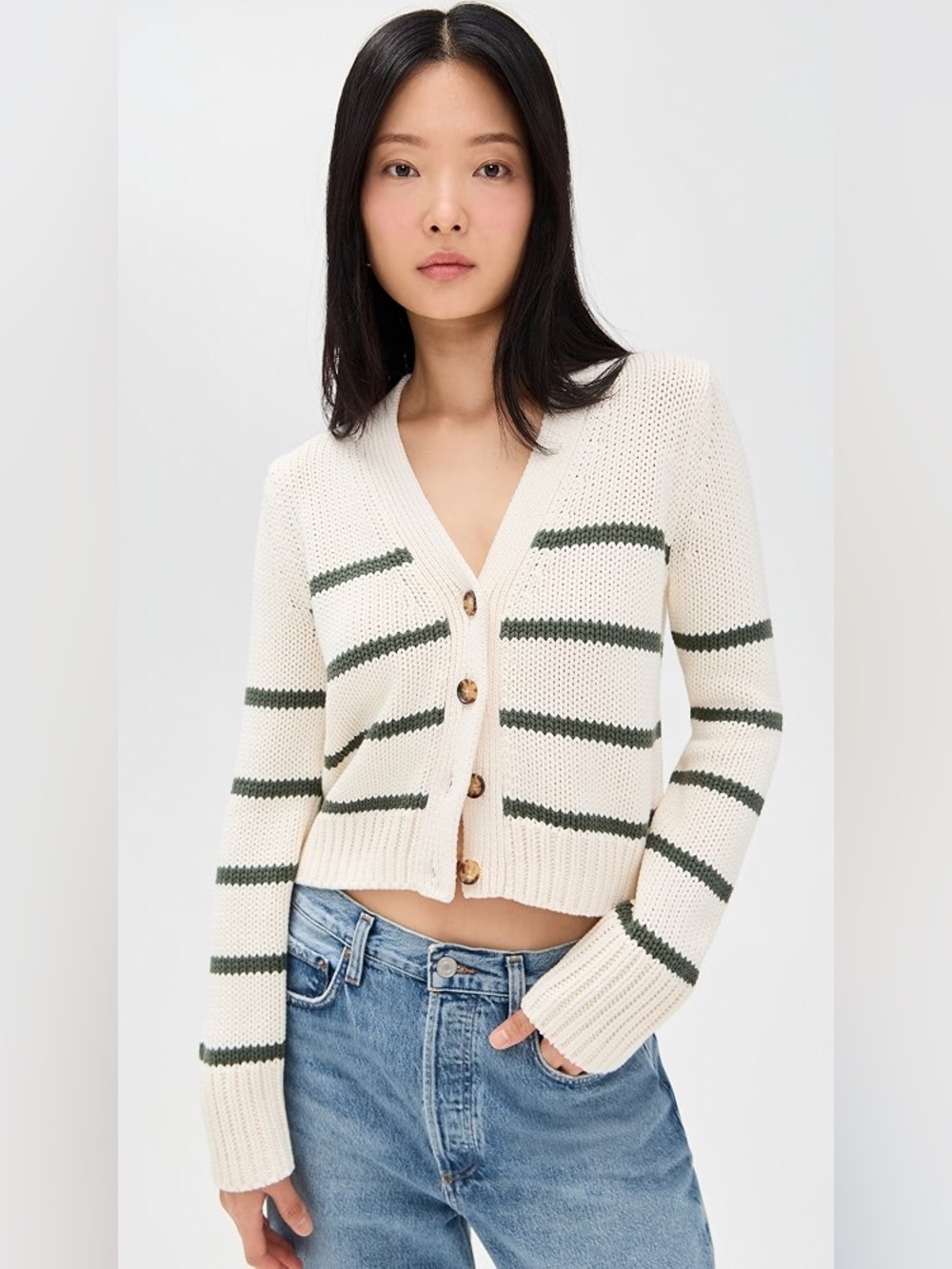 LA LIGNE Mini Marina Knit Cotton Cardigan Sweater Cream Olive Green Size Small